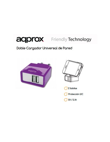 CARGADOR APPROX 2 PUERTOS USB APPUSBWALL21P