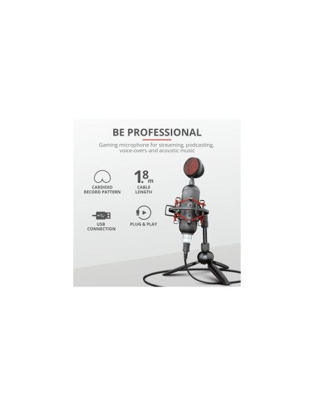 TRUST GAMING GXT 244 BUZZ MICROFONO USB STREAMING GRABACION CARDIOIDE ALTA PRECISION SOPORTE AMORTIGUADOR TRIPODE NEGRO ROJO 234