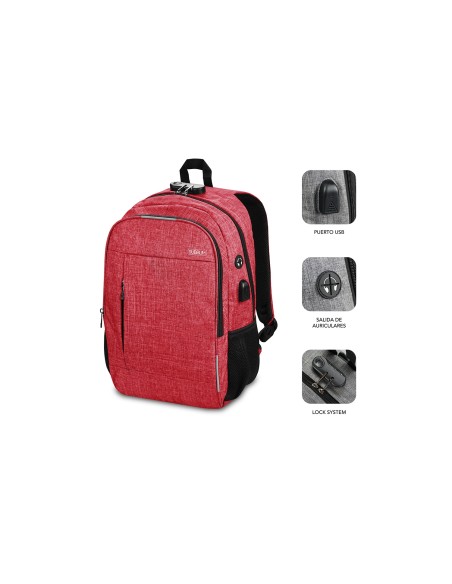 maletin subblim urban lock para portatiles 16p bloqueo antirrobo puerto usb salida auriculares rojo SUB-BP-1UL0002
