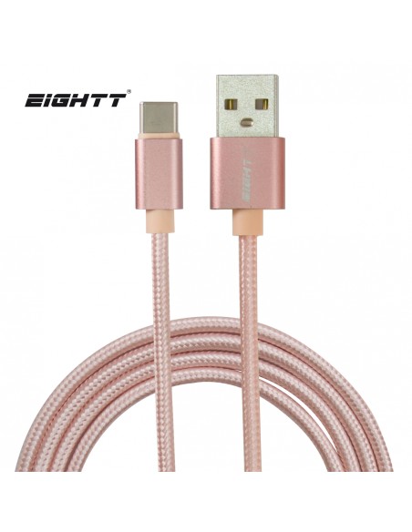 Eightt Cable USB a Type C 1Mts trenzado de Nylon Rosa. Carcasa de aluminio