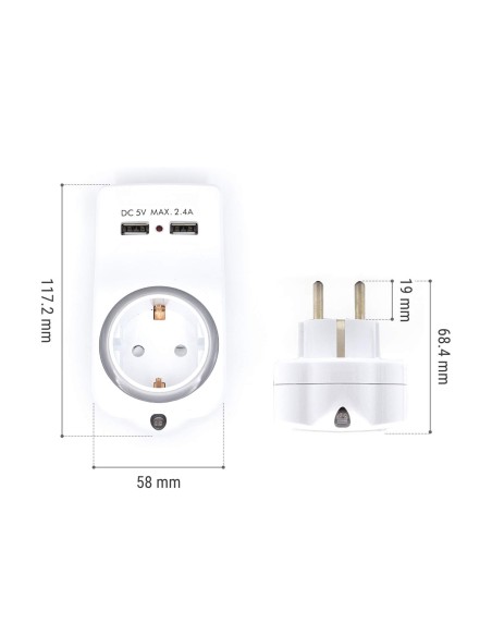 Adaptador de pared welly enjoy 1 toma schuko 16a con luz nocturna soporte para telefono 2 puertos usb indicador led blanco WY130