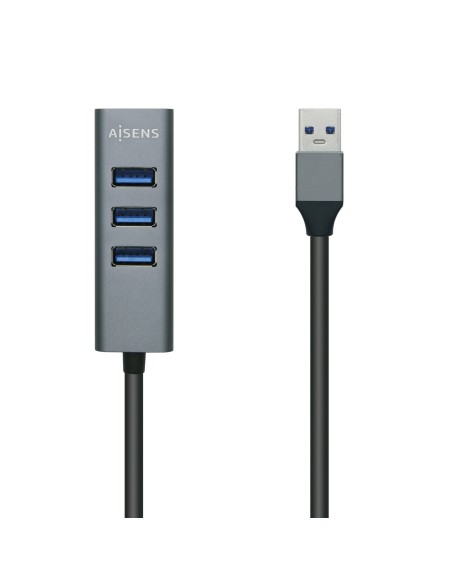 AISENS Hub USB3.0 Aluminio, Tipo A/M - 4x Tipo A/H, Negro, 30 cm