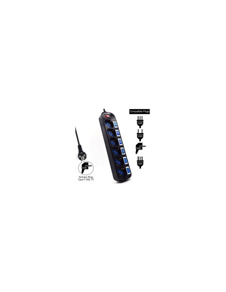 Ewent limitador de tensión 6 salidas AC 220 V 1,5 m Negro