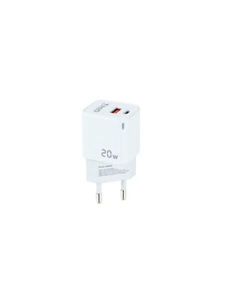 TooQ Cargador de Pared USB-C/PD + USB-A/QC 20W, Blanco