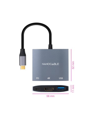 Conversor USB-C a HDMI/USB3.0/USB-C PD, 15 cm, Gris
