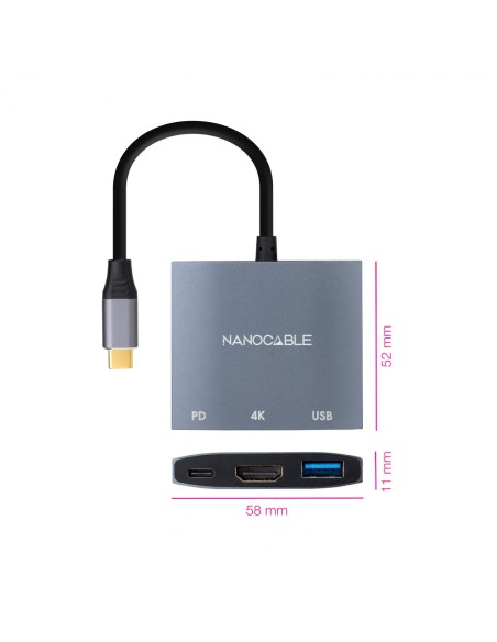 Conversor USB-C a HDMI/USB3.0/USB-C PD, 15 cm, Gris