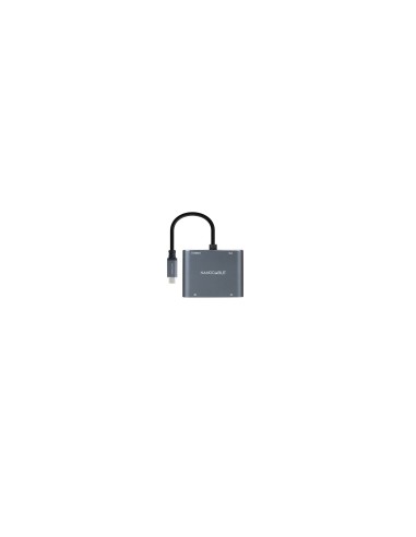 Nanocable Conversor USB-C a 2xHDMI/USB2.0/PD, 15 cm, Gris