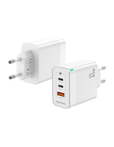 AISENS Cargador Gan 65W, 2xUSB-C PD3.0 QC4.0, 1xUSB-A QC3.0, Blanco