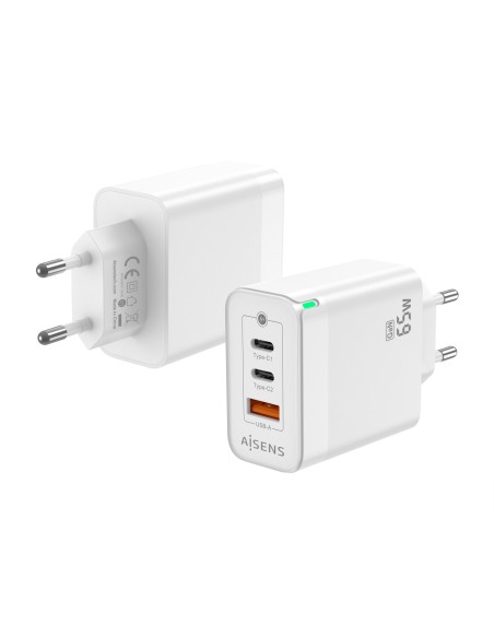 AISENS Cargador Gan 65W, 2xUSB-C PD3.0 QC4.0, 1xUSB-A QC3.0, Blanco