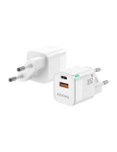 AISENS Cargador Gan 30W, 1xUSB-C PD3.0 QC4.0, 1xUSB-A QC3.0, Blanco
