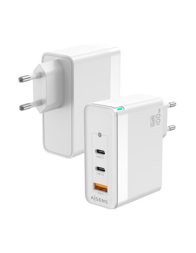 AISENS Cargador Gan 100W, 2xUSB-C PD3.0 QC4.0 QC5.0, 1xUSB-A QC3.0, Blanco