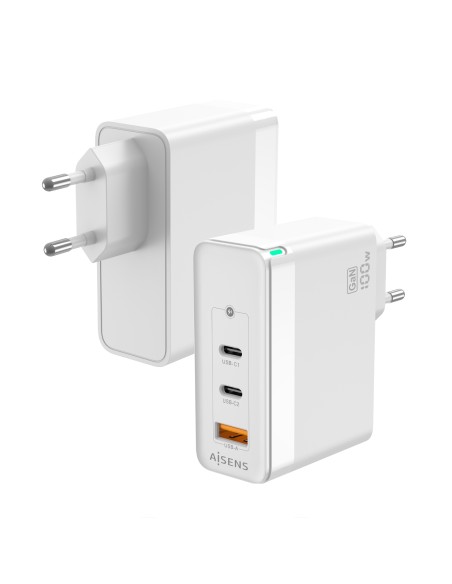 AISENS Cargador Gan 100W, 2xUSB-C PD3.0 QC4.0 QC5.0, 1xUSB-A QC3.0, Blanco