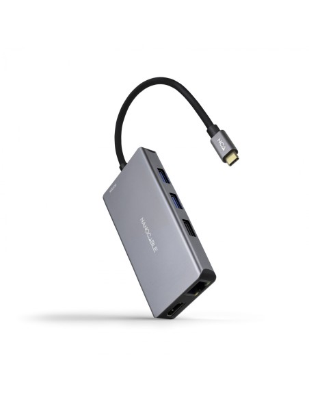 Nanocable HUB USB-C 9 en 1, Conversor USB-C a 3 x USB-A + 2 x HDMI + RJ45 + TF + SD + USB-C PD 100W, Aluminio, 15 cm, Gris
