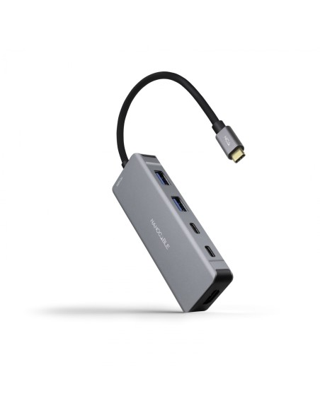 Nanocable HUB USB-C 6 en 1, Conversor USB-C 3.2 GEN1 5G a 2 x USB-A + 2 x USB-C + HDMI + USB-C PD 100W, Aluminio, 15 cm, Gris