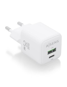 AISENS Cargador GaN 25W, 1xUSB-C PD3.0 QC4.0, 1xUSB-A QC3.0, Blanco