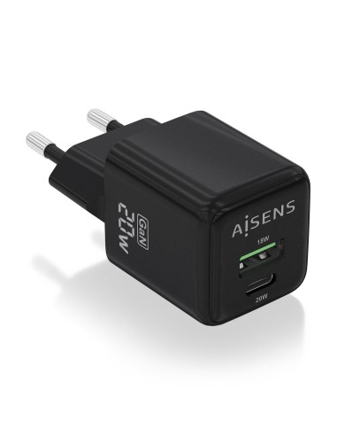 AISENS Cargador GaN 20W, 1xUSB-C PD3.0 QC4.0, 1xUSB-A QC3.0, Negro