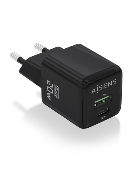 AISENS Cargador GaN 20W, 1xUSB-C PD3.0 QC4.0, 1xUSB-A QC3.0, Negro