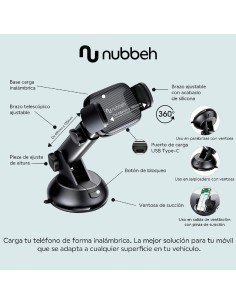 Nubbeh Atlas Soporte Móvil Coche con Carga Inalámbrica QI 15W 3 en 1 Negro 2