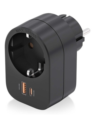 AISENS Regleta De Pared Multifuncion Con 1 Toma + 1xUSB-C 20W PD3.0, 1xUSB-A 20W QC3.0, Negro