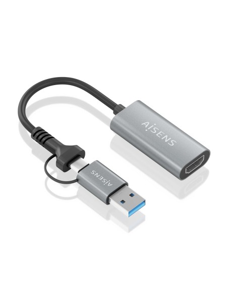 AISENS Conversor Aluminio USB-A+USB-C A HDMI 1080P@60Hz, USB-A/M+USB-C/M-HDMI/H, Gris, 15cm
