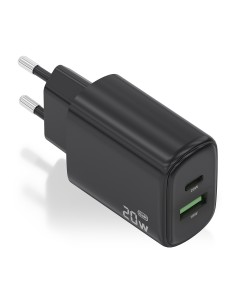 AISENS Cargador GaN 20W, 1xUSB-C PD3.0, 1xUSB-A QC3.0, Negro