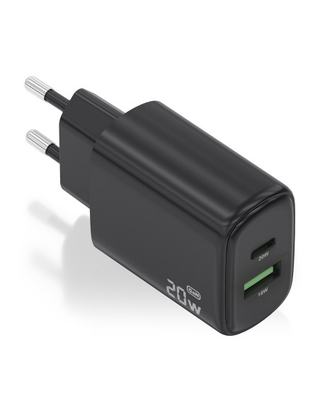 AISENS Cargador GaN 20W, 1xUSB-C PD3.0, 1xUSB-A QC3.0, Negro