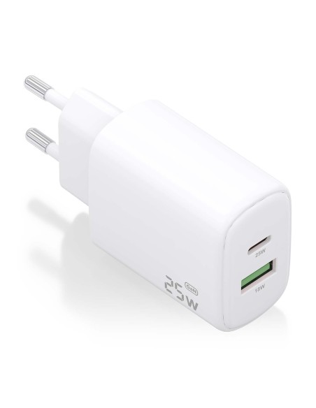 AISENS Cargador GaN 25W, 1xUSB-C PD3.0, 1xUSB-A QC3.0, Blanco