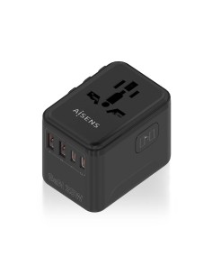 AISENS Adaptador Enchufe Universal Para Viaje EU/USA/UK/AU Con Cargador USB GaN, 2xUSB-A QC3.0, 2xUSB-C PD3.0 25W, Negro