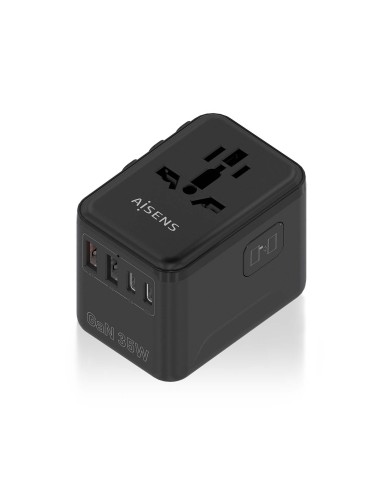 AISENS Adaptador Enchufe Universal Para Viaje EU/USA/UK/AU Con Cargador USB GaN, 2xUSB-A (A1 QC3.0), 3xUSB-C (C1 PD3.0) 35W, Neg