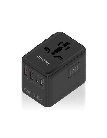 AISENS Adaptador Enchufe Universal Para Viaje EU/USA/UK/AU Con Cargador USB GaN, 2xUSB-A (A1 QC3.0), 3xUSB-C (C1 PD3.0) 35W, Neg