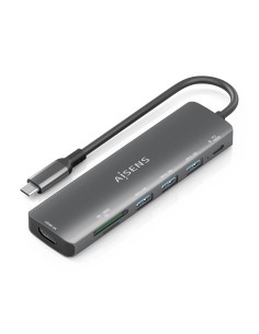 AISENS USB-C Dock 7 en 1, USB-C A, 1x HDMI, 3x USB-A, 1x USB-C PD 100W, 1x SD, 1x MicroSD, Gris, 15cm
