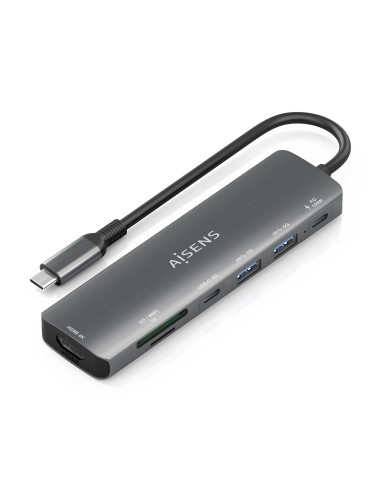AISENS USB-C Dock 7 en 1, USB-C A, 1x HDMI, 2x USB-A, 1x USB-C, 1x USB-C PD 100W, 1x SD, 1x MicroSD, Gris, 15cm