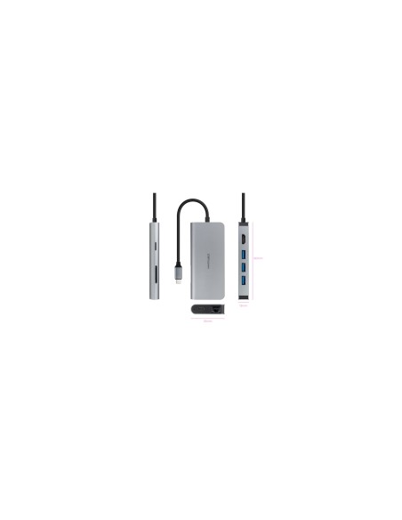 Nanocable Hub USB-C 8 en 1, Conversor USB-C 3.1 a 3xUSB-A 3.0 + HDMI 4K@60Hz + USB-C PD + RJ45 1Gbps + TF + SD, Aluminio, Gris, 