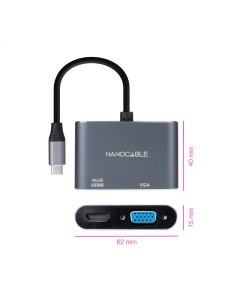 Conversor USB-C a HDMI/VGA 15 cm, Gris 2