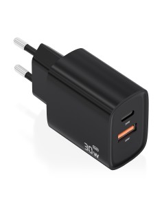 AISENS Cargador GaN 30W, 1xUSB-C PD3.0 QC4.0, 1xUSB-A QC3.0, Negro