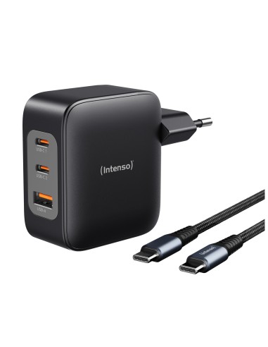 Intenso W100ACC+C520C, Set de adaptador de corriente + cable de carga, 100 W, carga rápida, GaN, carga simultánea de 3 dispositi