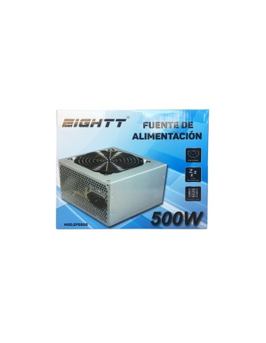 Eightt Fuente de Alimentación 500W. Ventilador silencioso de 12 cm. 1 x ATX 20+4 pines, 1 x EPS/ATX 12V 4 pines, 4x SATA, 2x Mol