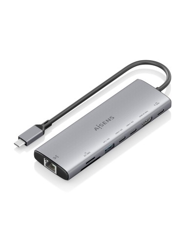 AISENS USB-C Dock 8 en 1, USB-C a 1xHDMI, 1xRJ45, 1xUSB-A 10G, 2xUSB-C 10G, 1xSD, 1xMicroSD, 1xUSB-C PD 100W, Gris, 20cm