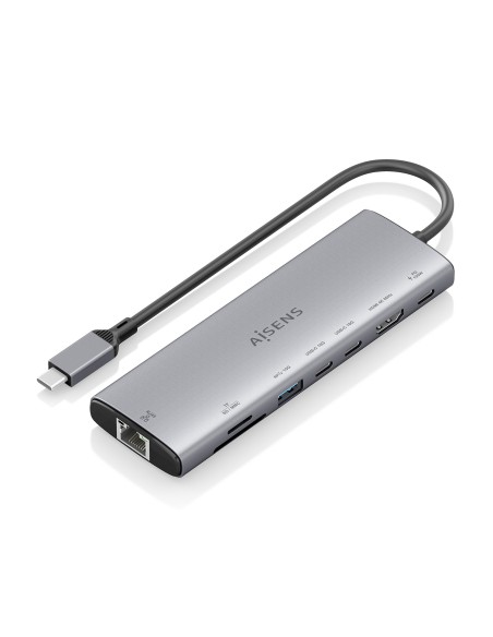 AISENS USB-C Dock 8 en 1, USB-C a 1xHDMI, 1xRJ45, 1xUSB-A 10G, 2xUSB-C 10G, 1xSD, 1xMicroSD, 1xUSB-C PD 100W, Gris, 20cm