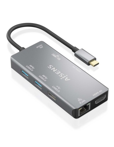 AISENS USB-C Dock 9 En 1, USB-C a 2xHDMI, 1xRJ45, 2xUSB-A USB3.0, 1xUSB-A USB2.0, 1xUSB-C PD, 1xSD, 1xMicro SD, Gris, 15cm