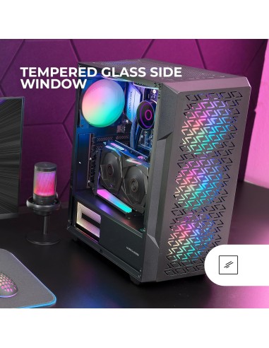 Mars Gaming MC-GEO, Caja Gaming ATX, 4x Ventiladores FRGB Rainbow 12cm, Panel Frontal Mesh Geométrico, Ventana Lateral Cristal T