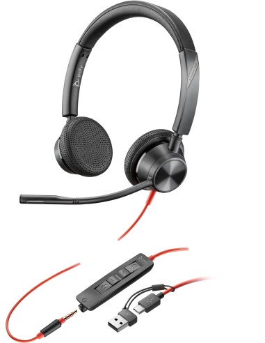 POLY Auriculares estÃ©reo Blackwire 3325 USB-C + Conector de 3,5 mm + Adaptador USB-C/A