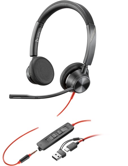 POLY Auriculares estÃ©reo Blackwire 3325 USB-C + Conector de 3,5 mm + Adaptador USB-C/A