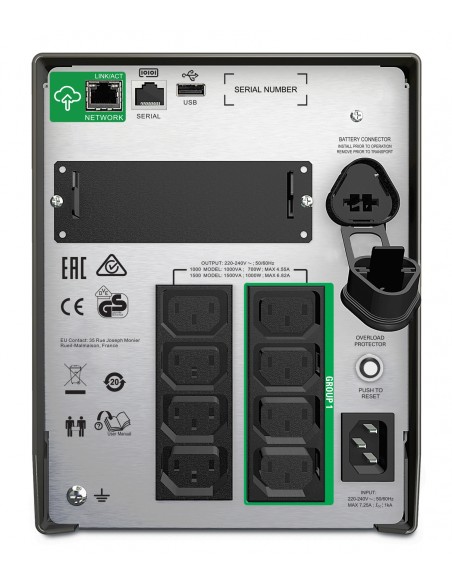 APC sistema de alimentaciÃ³n ininterrumpida (UPS) LÃÂ­nea interactiva 1500 VA, 1000 W, 8 salidas AC Negro
