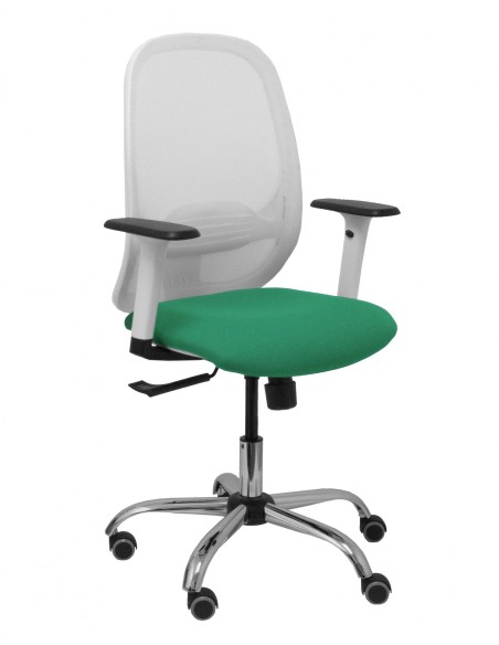Piqueras y Crespo Silla Cilanco blanca malla blanca asiento bali verde esmeralda brazo regulable base cromada ruedas de parque
