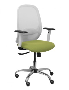 Piqueras y Crespo Silla Cilanco blanca malla blanca asiento bali verde oliva brazo regulable base cromada ruedas de parque