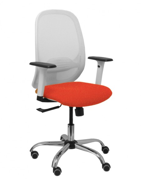 Piqueras y Crespo Silla Cilanco blanca malla blanca asiento bali naranja oscuro brazo regulable base cromada ruedas de parquÃ©