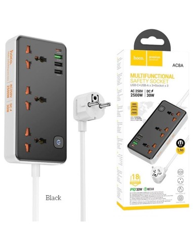 Hoco AC8A Regleta MultipaÃ­s con salidas USB 30W Negro