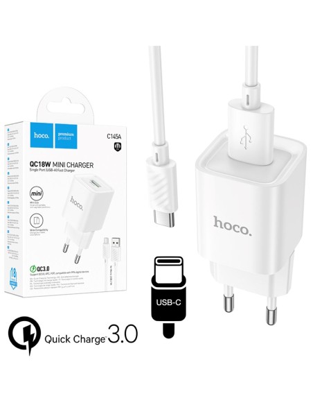 Cargador + Cable USB-C Hoco C145A QC3.0 Blanco