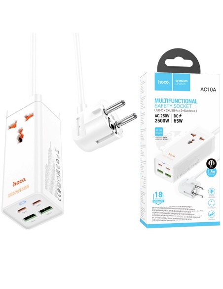 Cargador USB y USB-C 65W entrada MultipaÃ­s Hoco AC10A Blanco